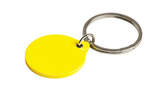 yellow round blank metal key medal isolated on white background or transparent png, shiny collectible emblem with vibrant color and simple design.