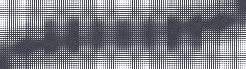 Big dots grid halftone pattern smooth curved structure ultra wide 32:9 aspect ratio vector grey graphite abstract background. Half tone textured panoramic ultrawide format retro futuristic abstraction
