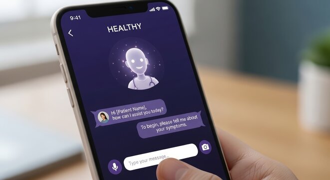 Person using an artificial intelligence health chatbot on a smartphone for medical symptom diagnosis and virtual assistance - Powered by Adobe