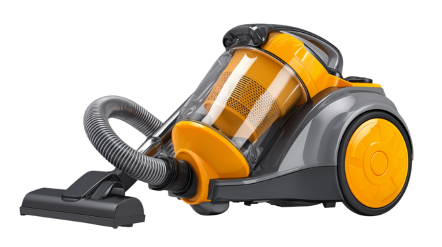 yellow vacuum cleaner isolated on white background or transparent png, modern home appliance for efficient cleaning with powerful suction.