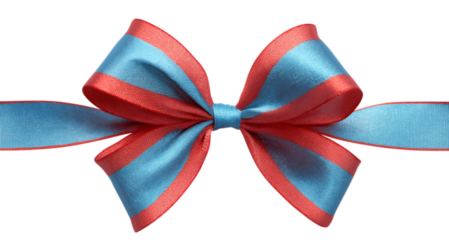 A red and blue ribbon bow for gifts or Christmas, isolated on white background as a transparent PNG, decorative and festive.