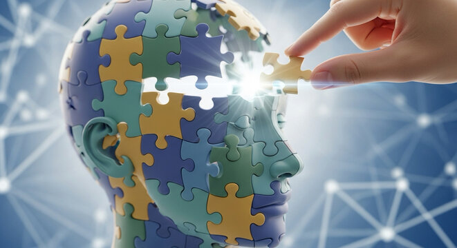 3D render of puzzle pieces connecting to form a human head, concept of understanding and connection