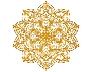 Golden, detailed circular floral design on a clean white background