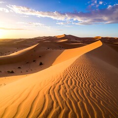 Golden desert landscape with rippling sand dunes under a bright sunset