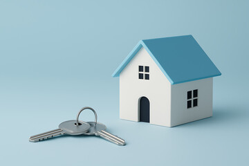 Three dimensional stylized small white house model with a light blue roof and a pair of silver keys placed on a smooth blue surface representing real estate, mortgage, and home ownership