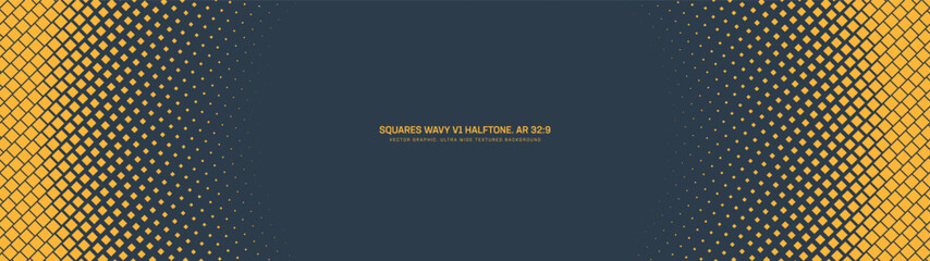 Obraz premium Square wavy grid halftone pattern round frame ultra wide 32:9 aspect ratio vector yellow black abstract background. Half tone graphical texture panoramic ultrawide format retro futuristic abstraction