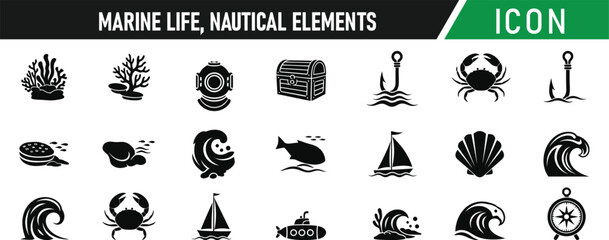 Marine-Life Nautical Elements icon set. Including Anchor, Ship Wheel, Lighthouse, Sailboat, Fish, Whale, Shell, Octopus, Seaweed, Lifebuoy. Vector silhouette illustration © MdMohiuddin
