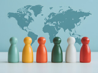 minimalist concept with six pawns representing different cultures or nations promoting international cooperation