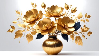 Golden floral arrangement in a decorative vase against a white backdrop