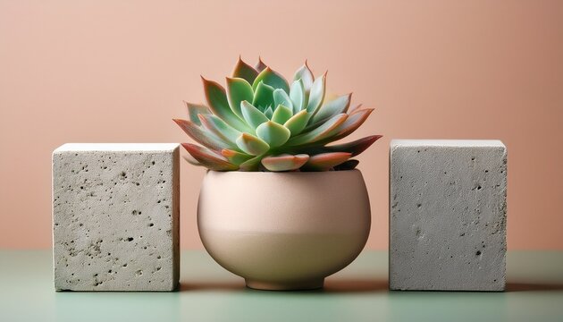 a succulent plant in a ceramic pot flanked by two concrete blocks on a soft pastel background