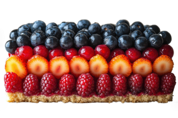A colorful fruit tart with layers of blueberries, strawberries, raspberries, and a crumbly crust PNG format.