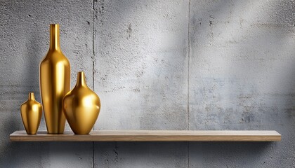 shelf with golden vases on a concrete wall