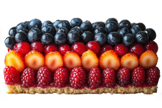A colorful fruit tart with layers of blueberries, strawberries, raspberries, and a crumbly crust PNG format.