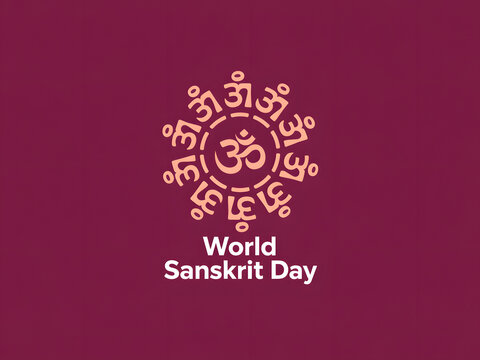 world sanskrit day logo featuring a golden om symbol surrounded by devanagari script on maroon background