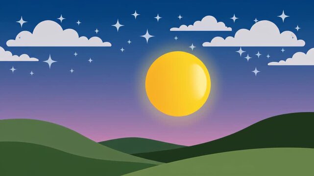 A tranquil cartoon night scene featuring a large full moon, twinkling stars, and fluffy clouds over rolling green hills.