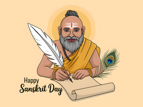 happy sanskrit day illustration featuring traditional indian sage writing with quill pen and peacock feather on parchment scroll