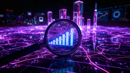 Futuristic 3d data analysis scene with glowing blue-cyan graphs under a magnifying glass in neon holographic space, emphasizing big data, computational insights, and digital analytics with copy space
