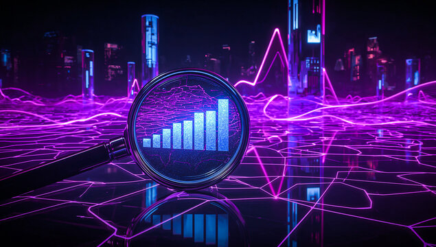 Dynamic futuristic 3d data visualization with magnifying glass over glowing blue-cyan charts in neon holographic space, highlighting big data, digital analysis, and computational insights with copy sp