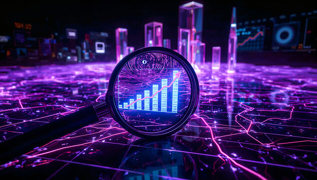 Futuristic 3d data analysis scene with glowing blue-cyan graphs under a magnifying glass in neon holographic space, emphasizing big data, computational insights, and digital analytics with copy space