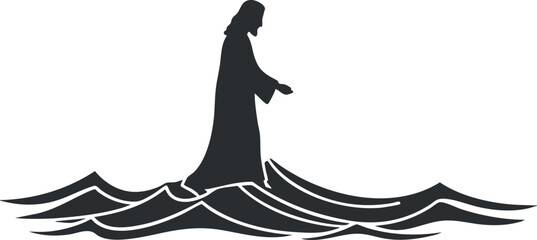 A silhouette of Jesus walking on waves, symbolizing faith and divine presence.