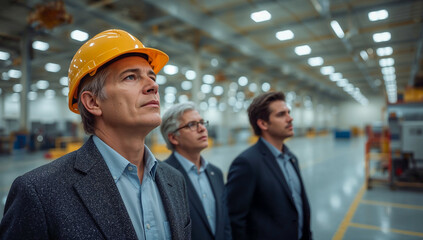 Close-up of three businessmen in formal attire and yellow hard hat standing in modern industrial facility, observing factory floor, highlighting professionalism, management, and industrial operations 