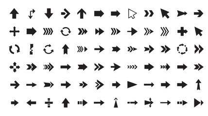 A large and diverse collection of black arrow icons and cursor symbols on a white background, illustrating various directions and styles.