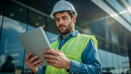 focused male engineer in hard hat and safety vest using a digital tablet at a modern building site, symbolizing technology in construction. ample copy space for innovation or project management.