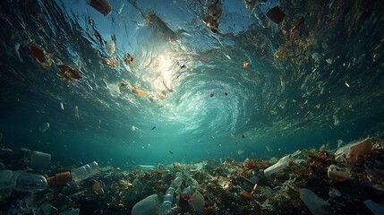 Underwater view of plastic pollution showing the accumulation of waste creating an environmental problem for marine life
