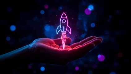 Close-up of cupped hand presenting glowing neon rocket hologram with pink and blue light, representing startup growth, innovation, idea launch, and futuristic digital technology with copy space