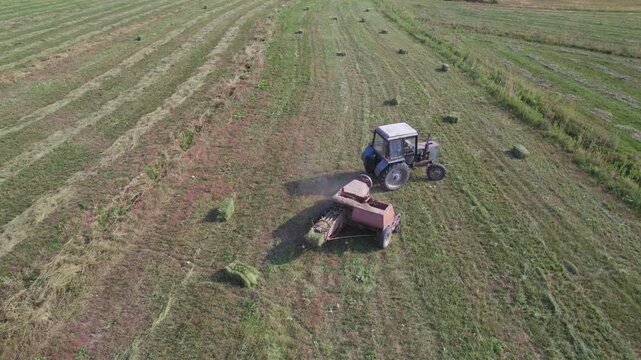 Aerial view on a tractor that collects hay in rows with a disc rake. Farmer stores fodder for cattle in summer season.
Tractor Working on Farm at Sunset Time. 