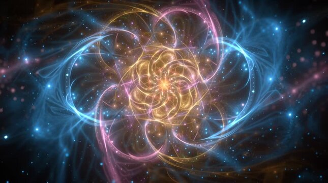 Animated macro of intertwined divine auras glowing gold, blue, and pink, forming sacred geometric patterns in the sky. Ethereal, mystical, and visually radiant.