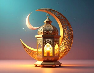 Golden lantern with intricate patterns hangs against a crescent moon