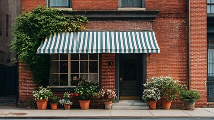 Obraz premium Charming brick building facade with striped awning and potted plants a classic architectural detail perfect for urban lifestyle and home decor concepts
