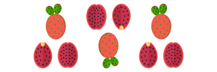 Strawberry elements pattern, whole berries with leaves, halved slices, dotted seeds, seamless fruit row, decorative food vector
