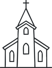 Outline illustration of a church with a prominent steeple and cross on top