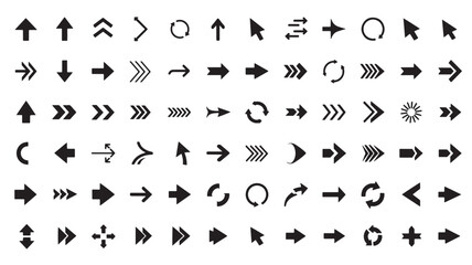 A comprehensive collection of black arrow icons and symbols in various styles and directions for graphic design.