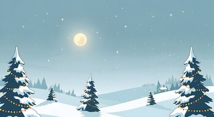 Whimsical Snow-Covered Winter Landscape with Twinkling Lights and a Full Moon Evokes a Peaceful, Festive Holiday Atmosphere
