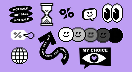 Retro y2k sale icons. Set of promotion special offers, label with Hot sale text. Percentage sign, countdown clock, big eyes icon. 8 bit game digital nostalgic style black vector elements on purple bg