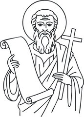 Obraz premium A line art illustration of a saint holding a cross and a scroll, symbolizing faith.