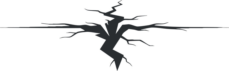 A striking abstract illustration of a black crack or fracture pattern on a white background.