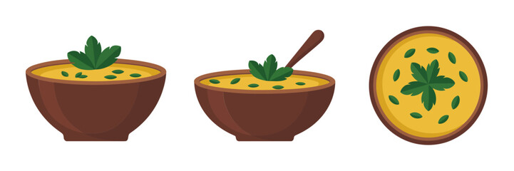 Hearty soup bowls, steamy broth with garnish, herb bread disc companion, cozy kitchen meal icons, vector illustration, isolated