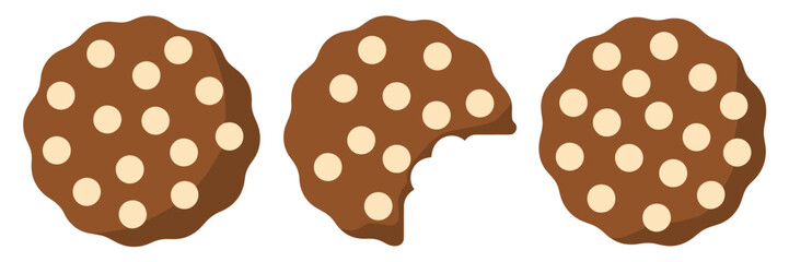 Large chocolate chip cookies trio, cracked textures, crunchy baked sweets, dessert illustration, confectionery menu element vector