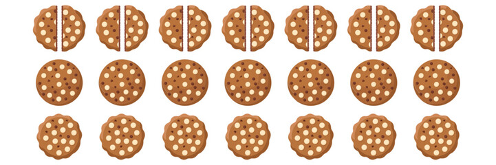 Round chocolate cookies pattern, dotted cream chips, biscuit array layout, seamless snack elements, bakery packaging vector