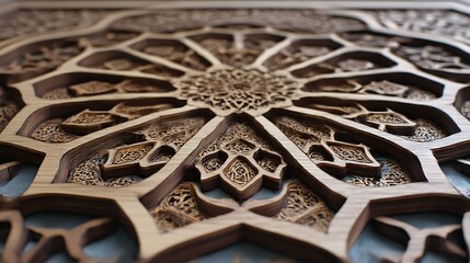 Intricate Islamic geometric pattern carved in wood a decorative element showcasing traditional craftsmanship and design
