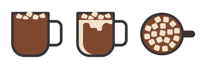 Hot chocolate mugs with marshmallows, cocoa drink set, top view cup, cozy winter beverage icons, vector illustration