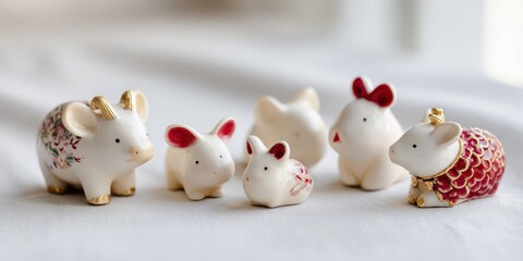 Chinese Zodiac Figurines Collection with Red and Gold Details Isolated on White Background