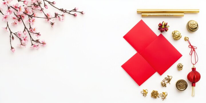 Elegant top view with cherry blossoms and gold accents for cultural visuals.