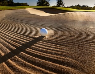 a golf ball resting in a sand bunker with clear raking lines casting shadows