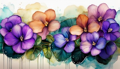 alcohol ink painting of colorful african violet flowers in a wide border generative ai