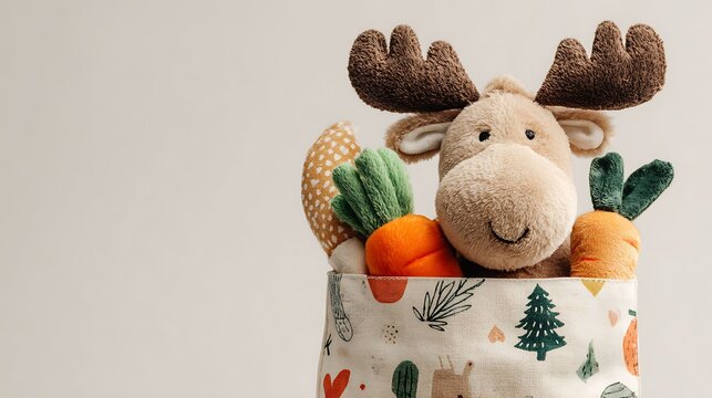 Cute moose plush toy with carrots in a patterned basket a charming gift idea for children perfect for nursery decor and imaginative play - Powered by Adobe